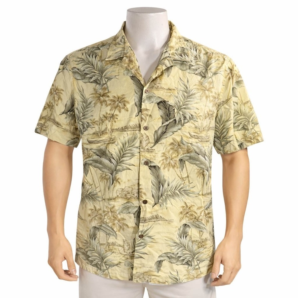 RJC Hawaiian Aloha Shirt XL Palm Trees Boats Huts Island Sunset Yellow